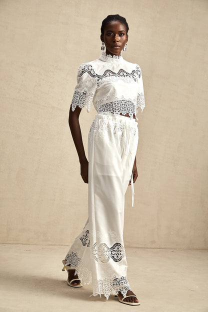 Raphaelle Lace-Trim Cut-Out Cropped Top & Trousers Matching Set