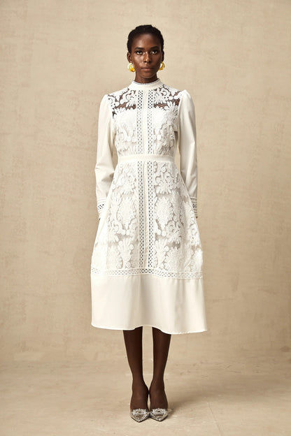 Madeleine White Panelled Embroidered Midi Dress