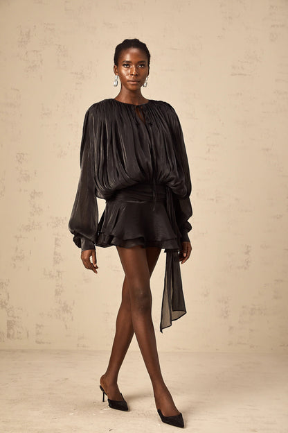 Eugenie Black Fully Pleated Ruffled Mini Dress