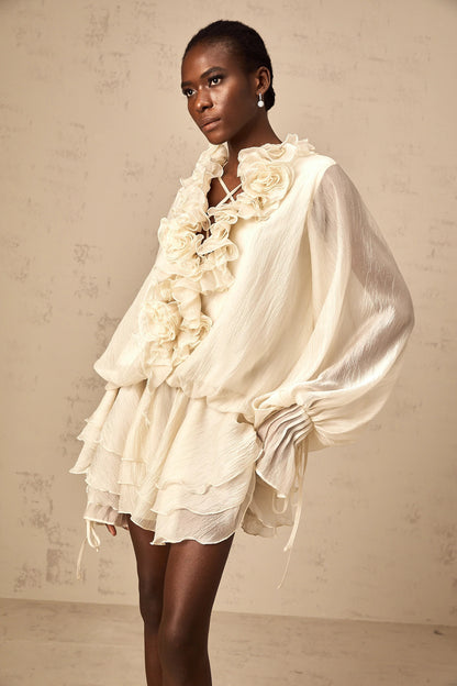 Zephyrine Floral-Applique Tiered Mini Dress in Neutrals