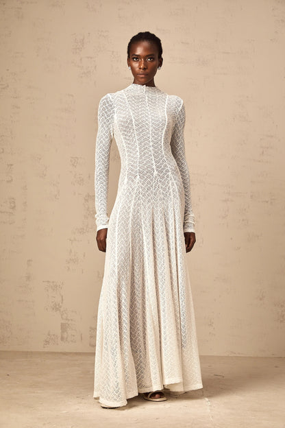 Athena Wavy-Pattern Lace Maxi Dress in White