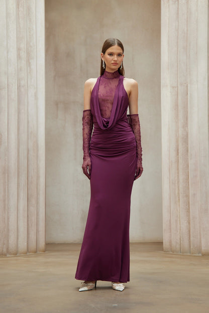 Borbala Magenta Lace Bodice Ruched Maxi Dress
