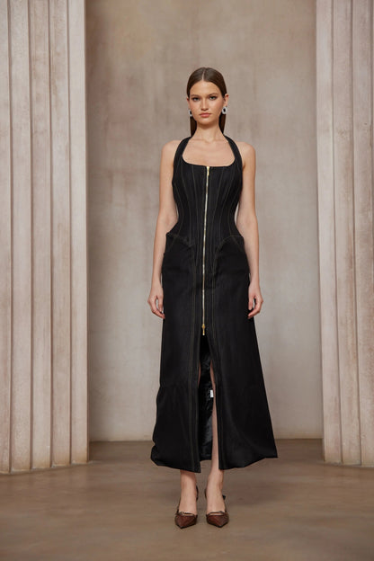 Adrienne black denim front-slit contrast-stitching maxi dress
