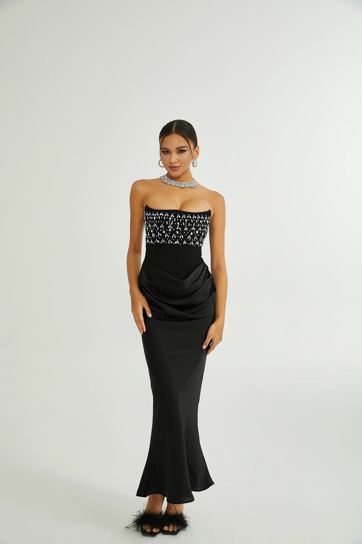 Aurore Black Crystal Embellished Maxi Dress