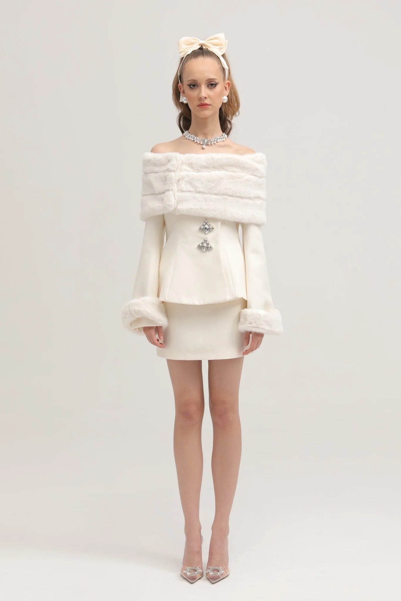Caitlin White Faux-Fur Jacket & Skirt Matching Set
