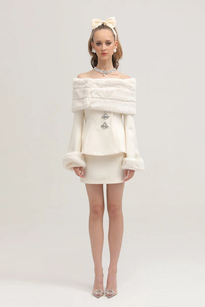 Caitlin White Faux-Fur Jacket & Skirt Matching Set