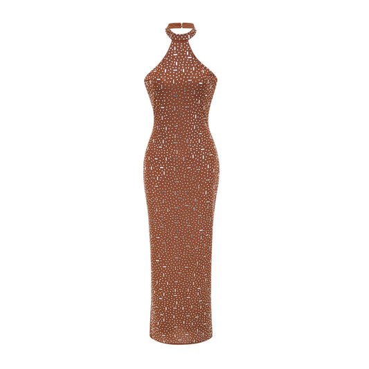Desiree Brown Embellished Halter Neck Bodycon Maxi Dress