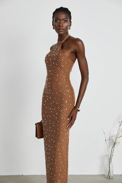 Desiree Brown Embellished Halter Neck Bodycon Maxi Dress