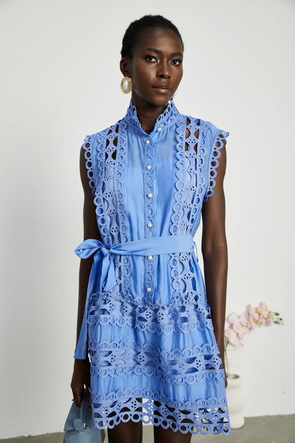 Mireille Blue Cut-Out Belted Mini Dress