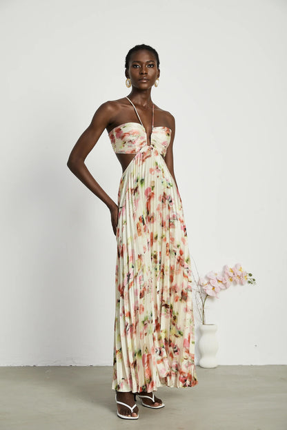 Andrea Cut-Out Floral-Print Pleated Maxi Dress