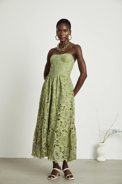 Ines lace floral embroidered cut-out midi dress in Green