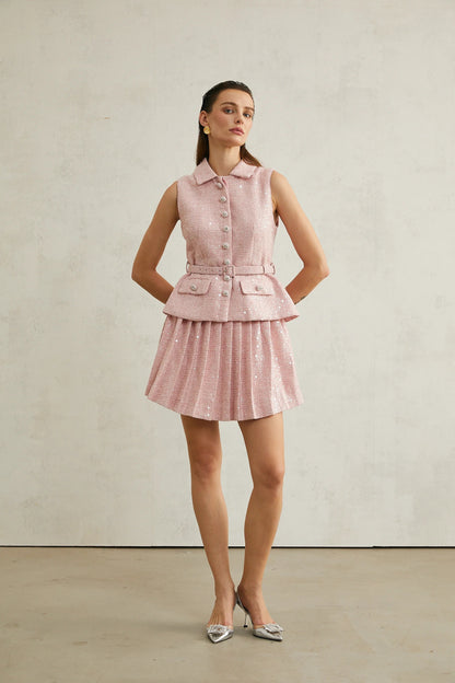Elise Pink Pleated Embellished Mini Dress