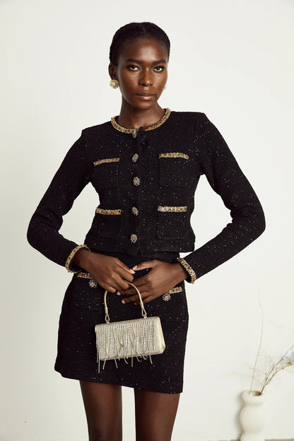 Ariane Black Sequined Tweed Jacket & Skirt Matching Set