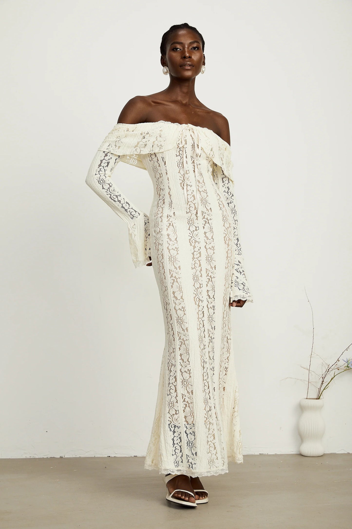 Emeline Floral Lace Flared-Cuff Maxi Dress in Neutrals