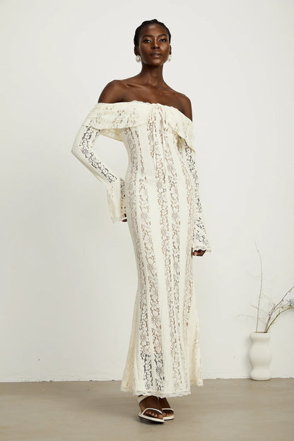 Emeline Floral Lace Flared-Cuff Maxi Dress in Neutrals