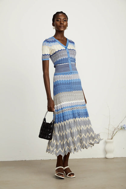 Daniela Blue Zigzag-Design Knit Top & Skirt Matching Set