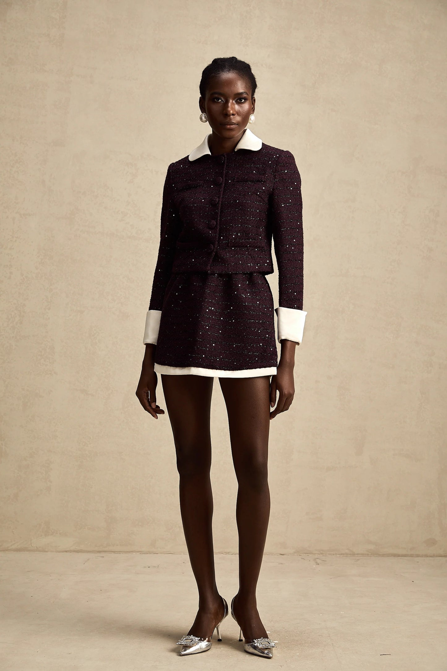 Brigitte Purple Sequined Tweed Jacket & Skirt Matching Set