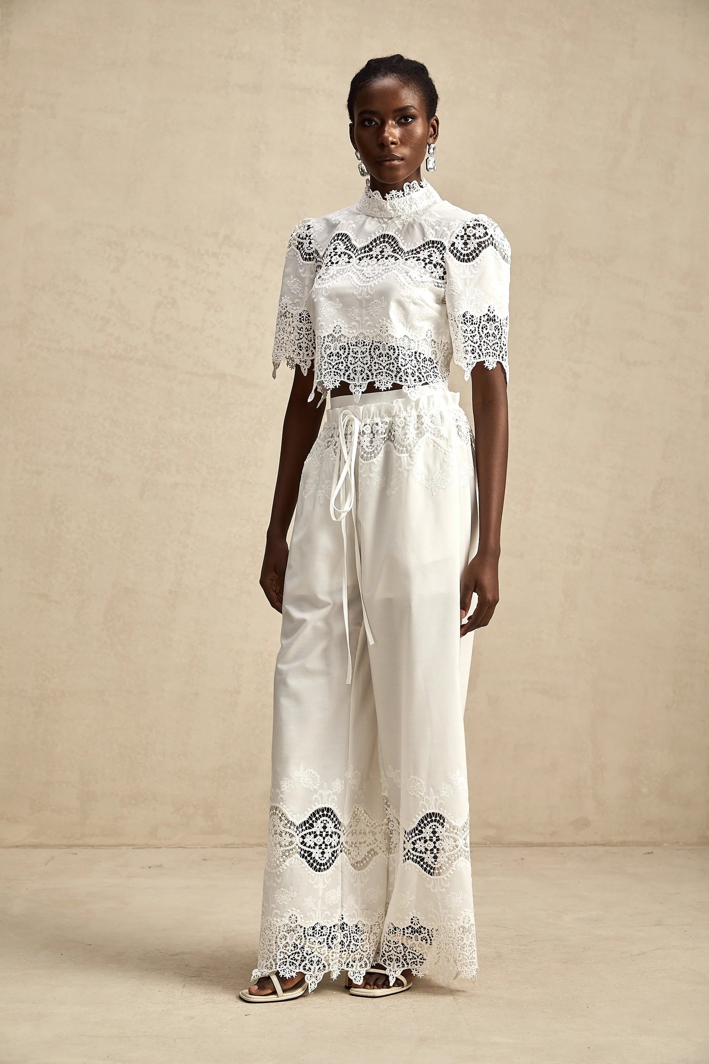 Raphaelle Lace-Trim Cut-Out Cropped Top & Trousers Matching Set