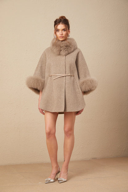 Chloris wool fur belted cape coat in Brown