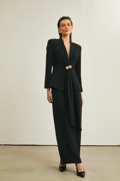 Suzanne Black Pleated Jacket & Trousers Matching Set