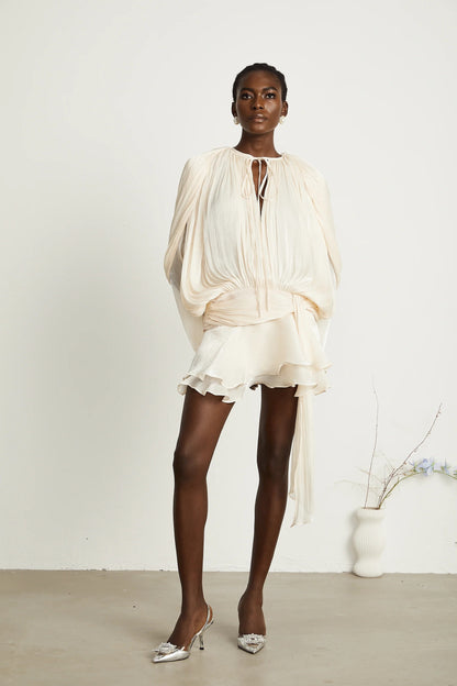 Eugenie Neutral Fully Pleated Ruffled Mini Dress