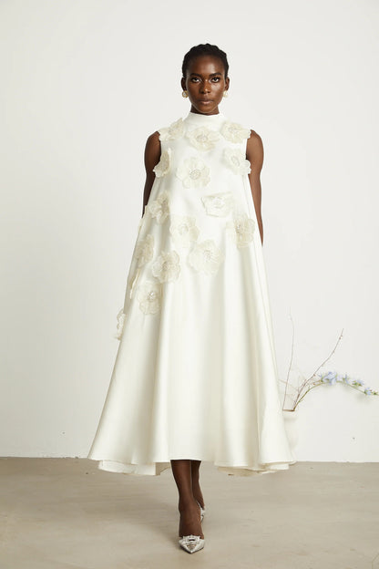 Emilie Sleeveless Floral-Applique Midi Dress in White