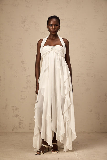 Mariah White Chiffon Ruffle Halterneck Maxi Dress