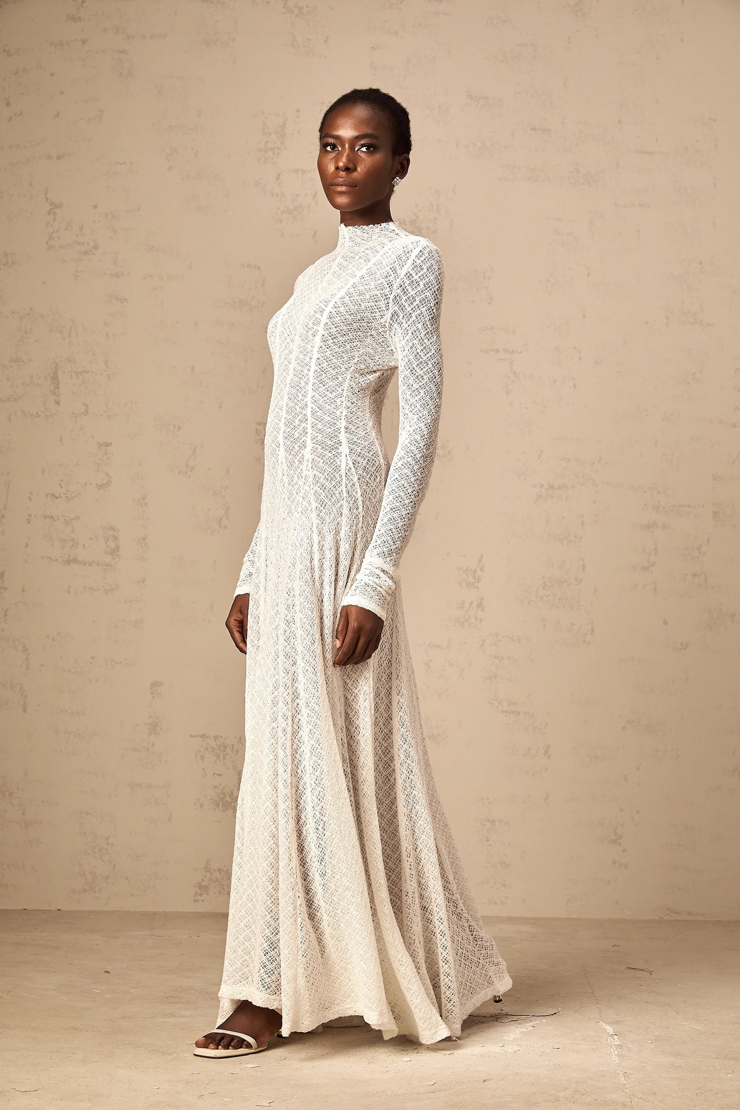 Athena Wavy-Pattern Lace Maxi Dress in White
