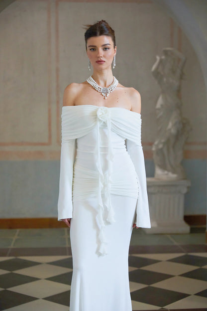 Wanda White Glittered Floral-Applique Knit Maxi Dress