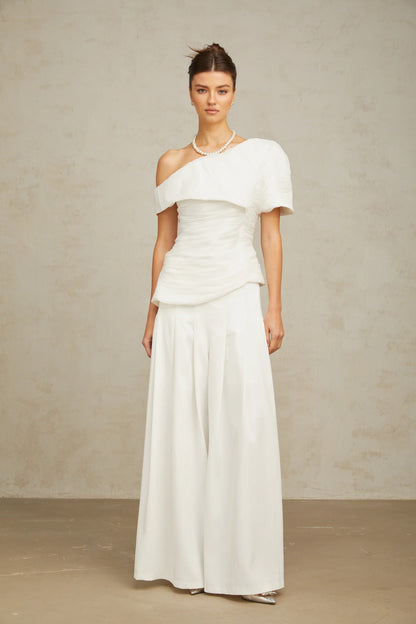 Adèle creased top & trousers matching set in White