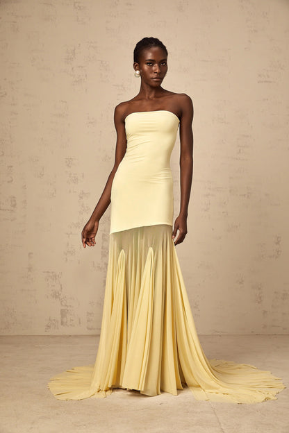 Josiane Yellow Off-Shoulder Sheer Tulle Maxi Dress