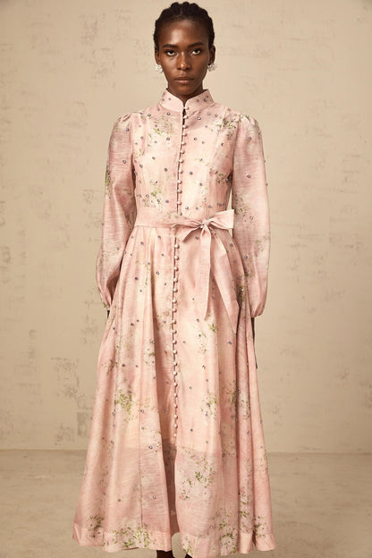 Narcisse Pink Embellished Floral-Print Midi Dress