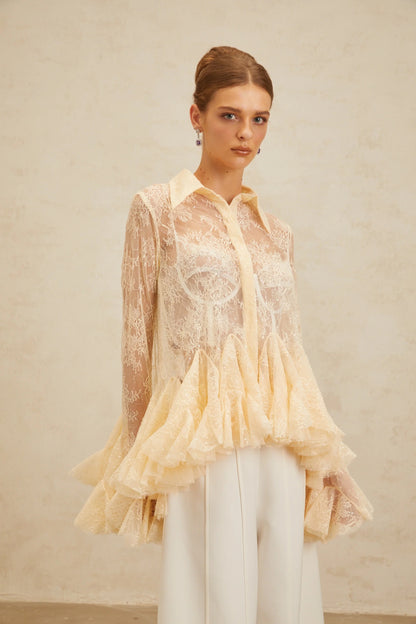 Ingrid Neutral Peplum Floral Lace Blouse