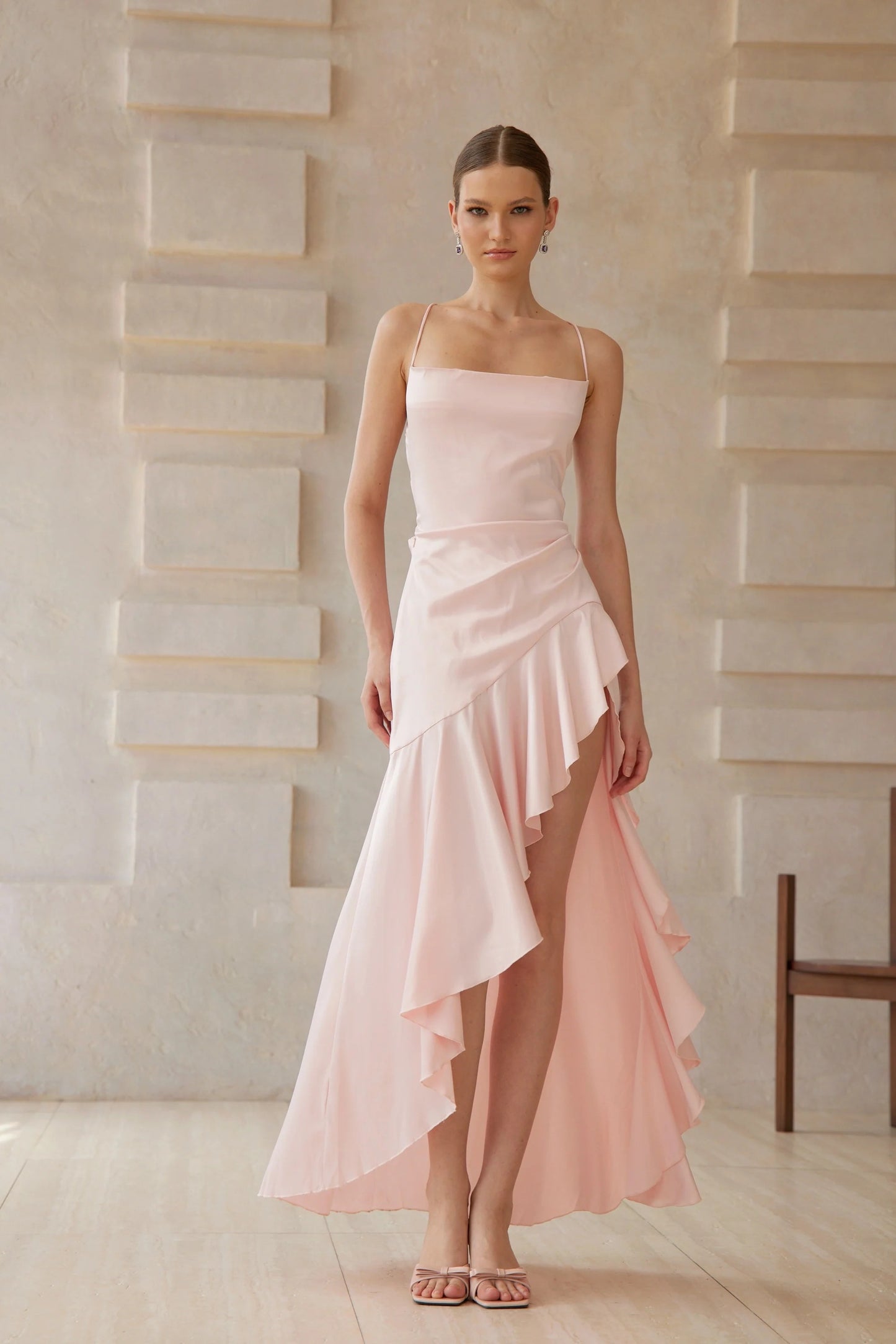 Lena Pink Asymmetrical Satin Midi Dress