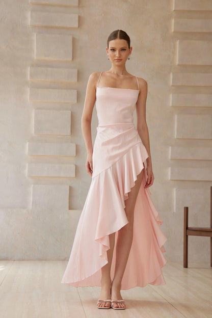 Lena Pink Asymmetrical Satin Midi Dress