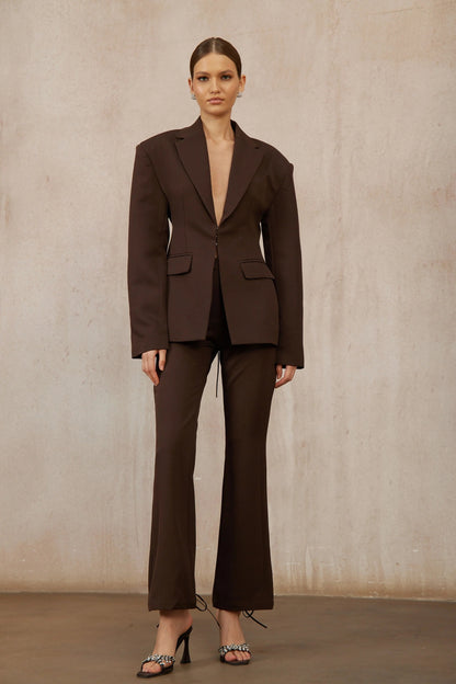 Prunille Brown Lace-Up Blazer & Trousers Set
