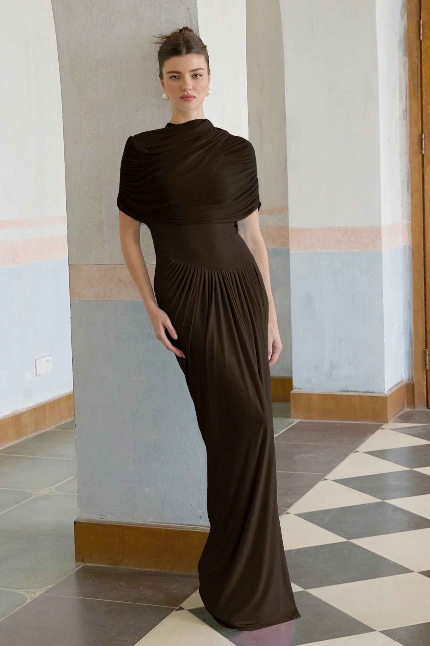Catherine asymmetrical pleated maxi dress in Brown