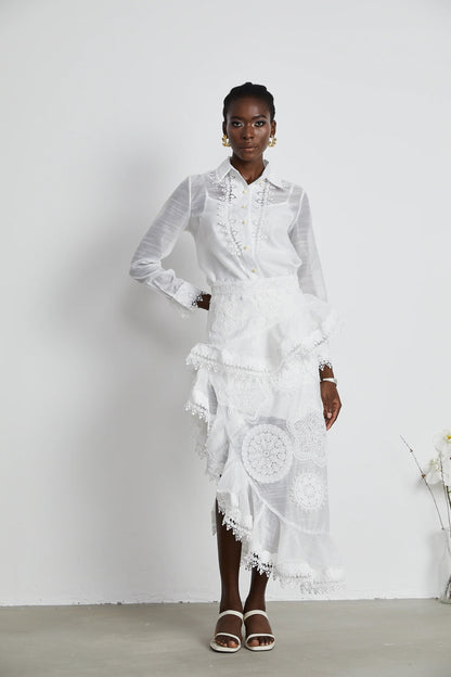 Renee White Semi-Sheer Shirt & Skirt Matching Set