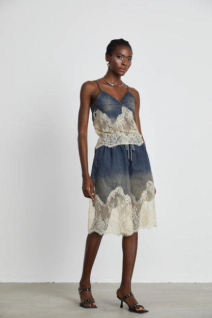 Sylvie lace-detail denim top & shorts matching set