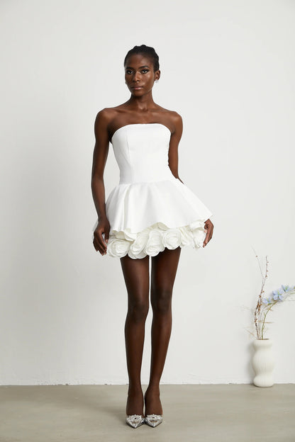 Lucie White Petal-Layered Strapless Corset Mini Dress