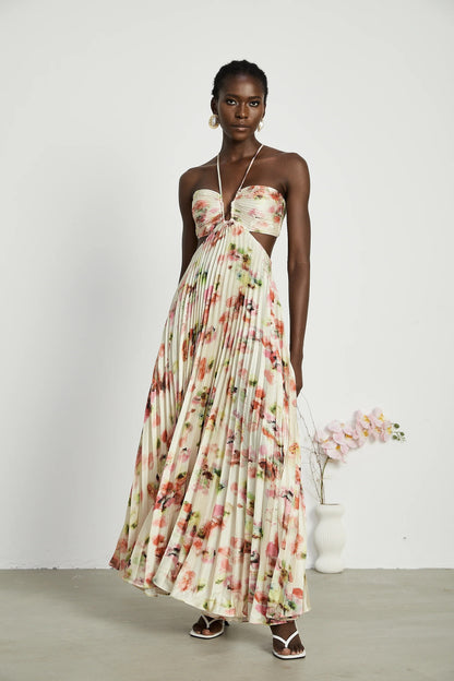 Andrea Cut-Out Floral-Print Pleated Maxi Dress