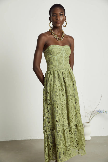 Ines lace floral embroidered cut-out midi dress in Green