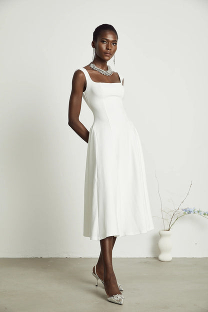 Thala White Pleated Flared Midi Dress