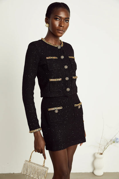 Ariane Black Sequined Tweed Jacket & Skirt Matching Set