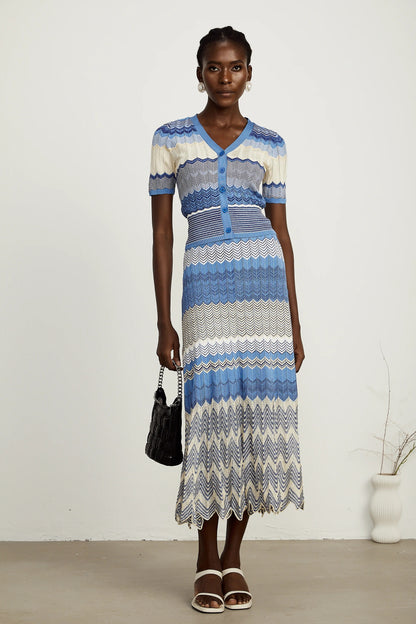 Daniela Blue Zigzag-Design Knit Top & Skirt Matching Set