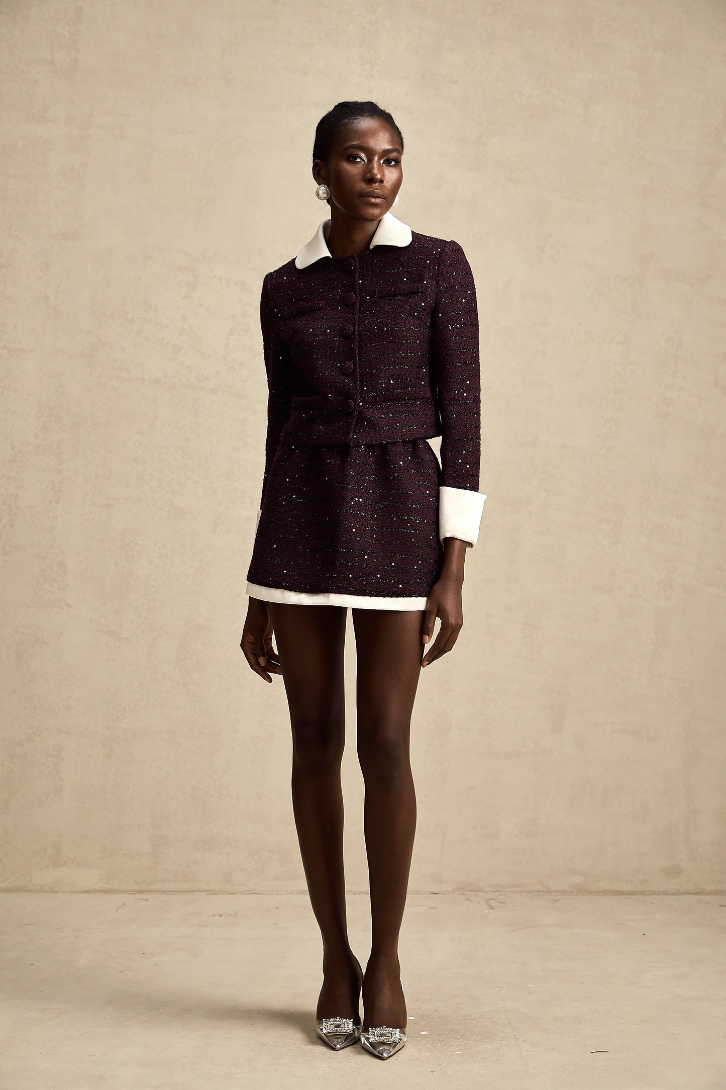 Brigitte Purple Sequined Tweed Jacket & Skirt Matching Set