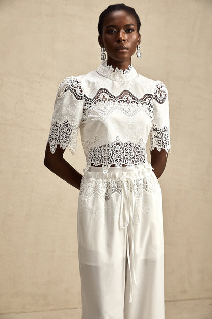 Raphaelle Lace-Trim Cut-Out Cropped Top & Trousers Matching Set