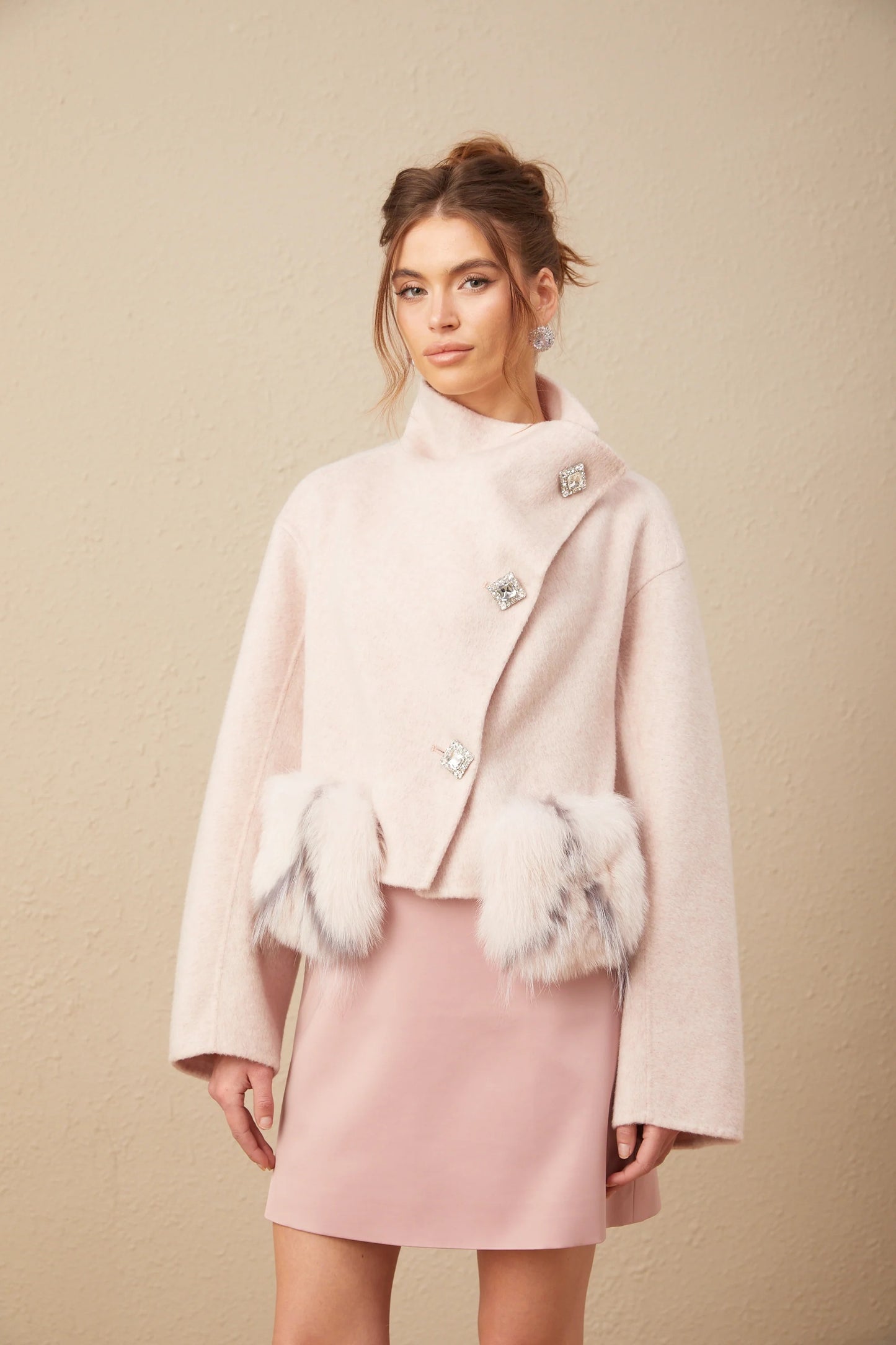 Vienne Pink Diagonal-Placket Short Coat