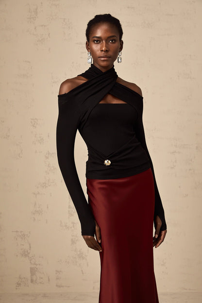 Odette Black Ruched Stretch-Jersey Top