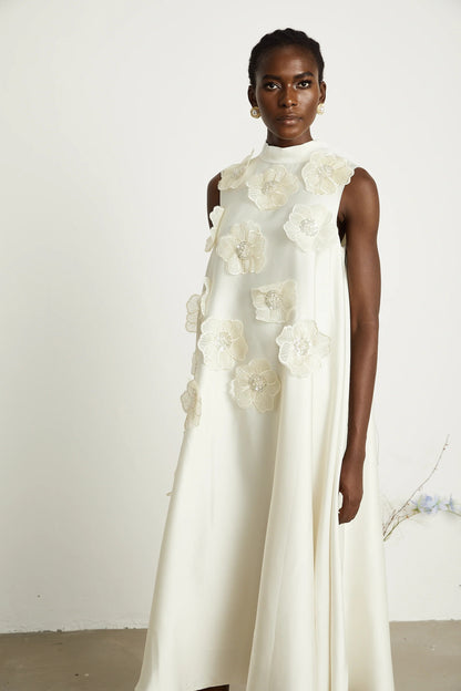 Emilie Sleeveless Floral-Applique Midi Dress in White